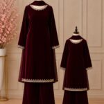 3 Piece Velvet Suit- Embroidered-With Baby Girl