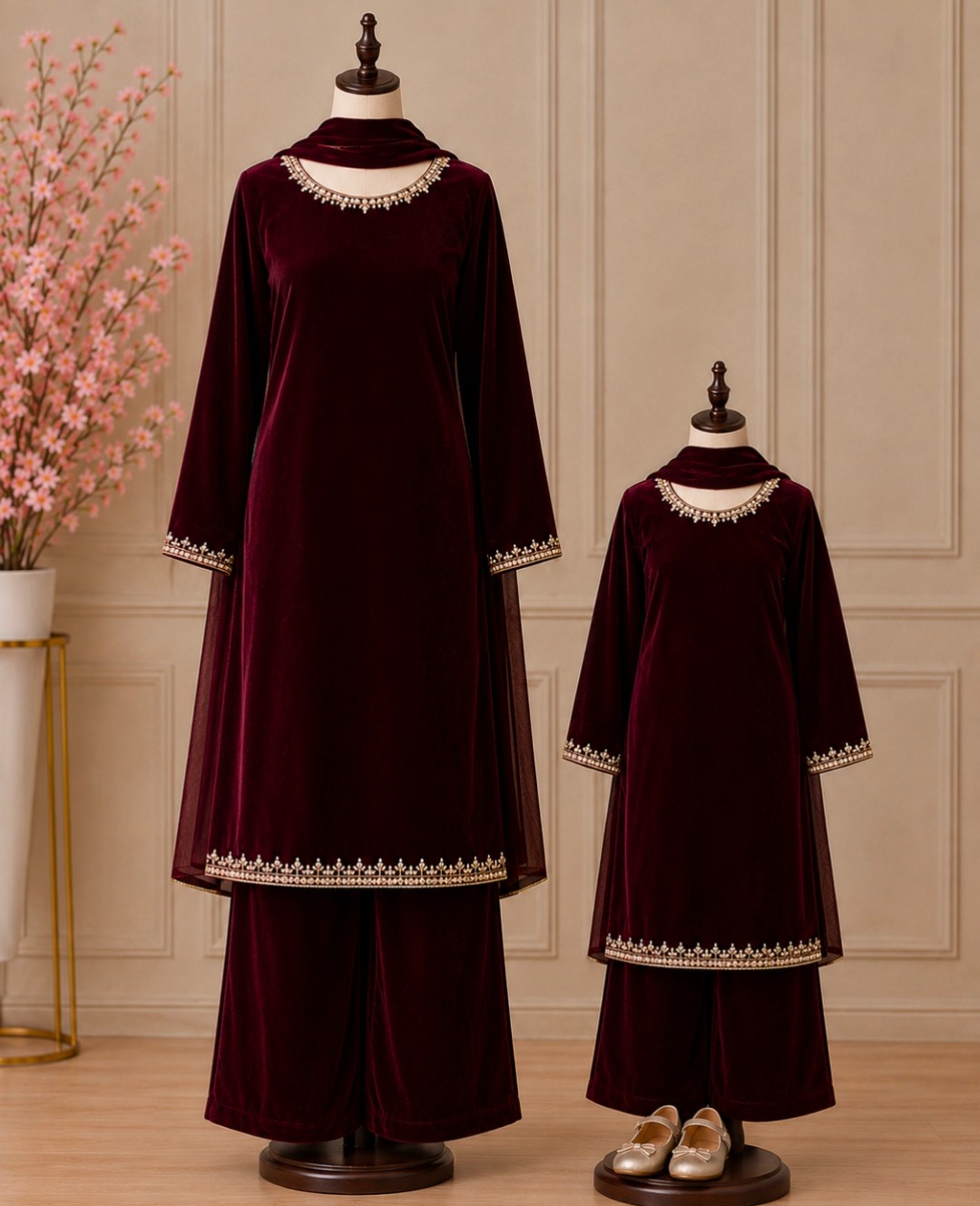 WhatsApp Image 2026-08-26 at 4.11.46 AM 3 Piece Velvet Suit- Embroidered-With Baby Girl - Image 1
