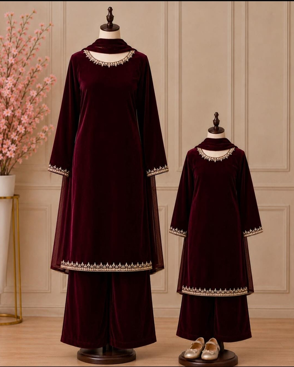 in different colors Velvet 3PC with baby girl 35000PKR with out baby mecsi 22000PKr Matching Velvet 3-Piece – Mom & Baby Girl - Image 1